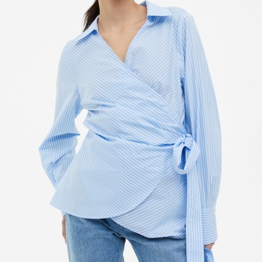 H&M Blue Asymmetrical Wrap Blouse with  Adjustable Side Tie
